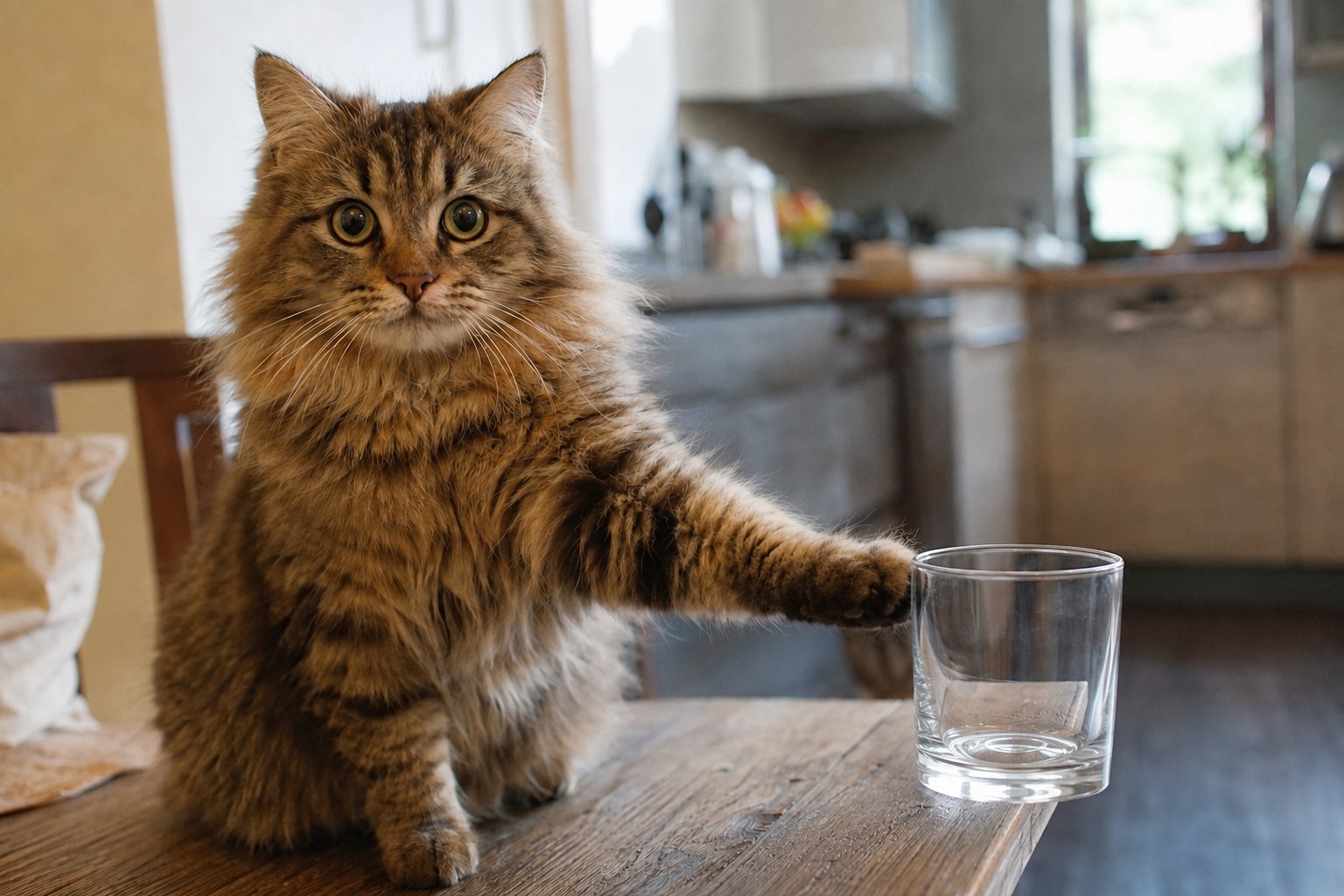 cat pushing a glass off a table