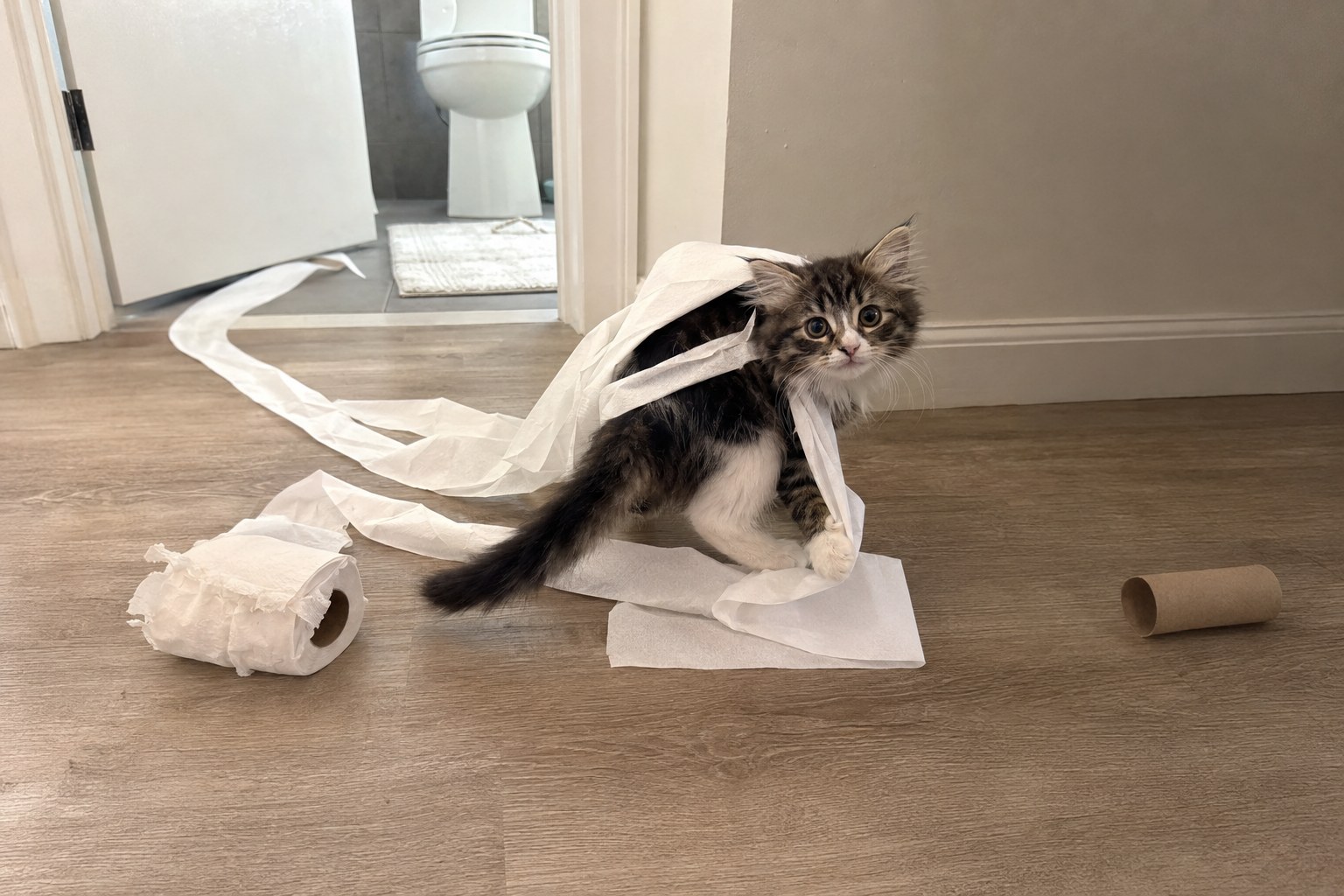 kitten tangled in unrolled toilet paper