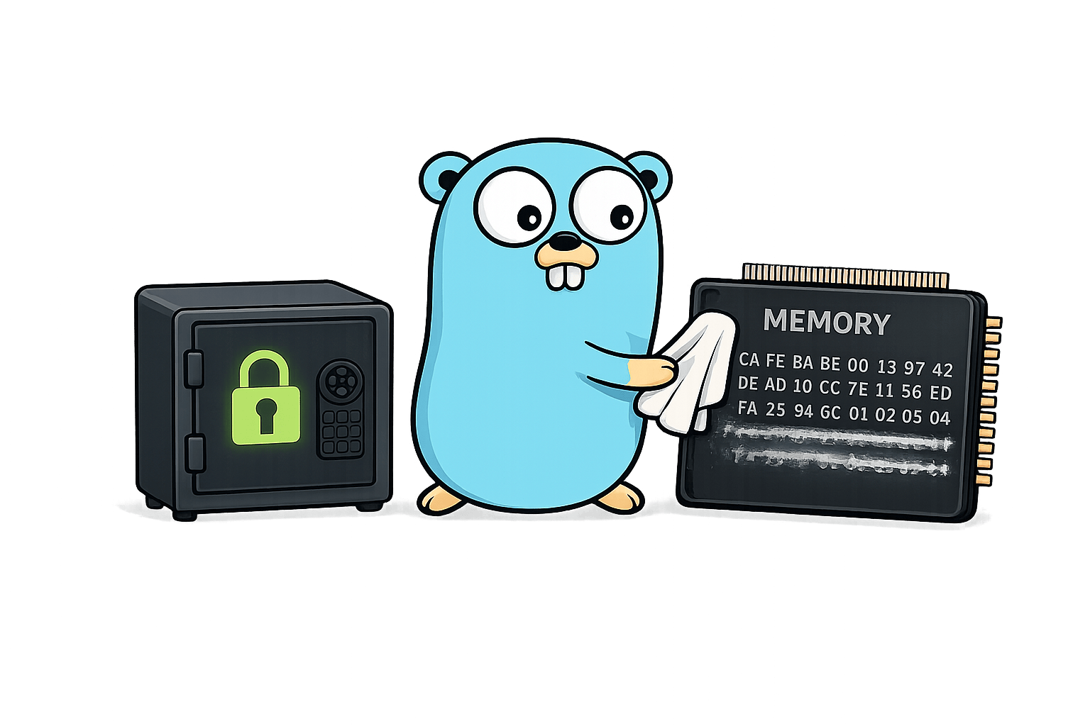 A Go gopher wiping hex bytes off a memory chip with a cloth, next to a small safe with a glowing green padlock